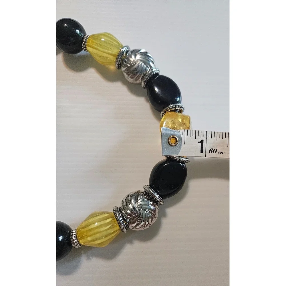 Black and Yellow Beaded Statement Necklace Silver Tone Chunky Adjustable